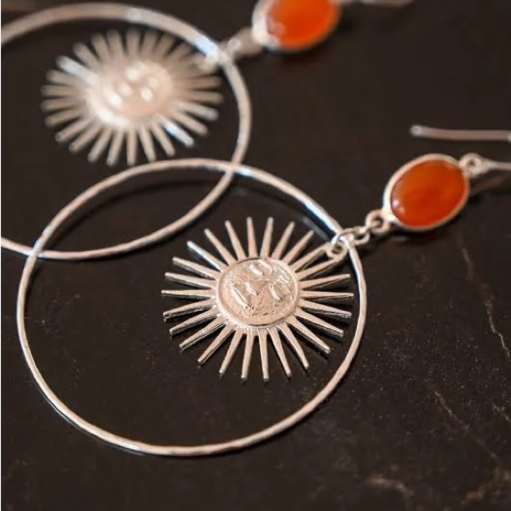 Soul on Fire Carnelian Silver Sun Hoops Fierce Forward Sunshine Summer Tropical